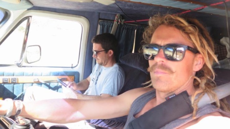 Lucas (left) and Coleman in the van they planned to drive to Guadalajara in. 