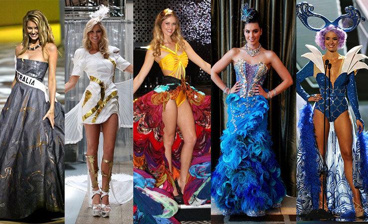 The Miss Universe national costume in (from left) 2004, 2011, 2012, 2013 and 2015. Photo: Getty