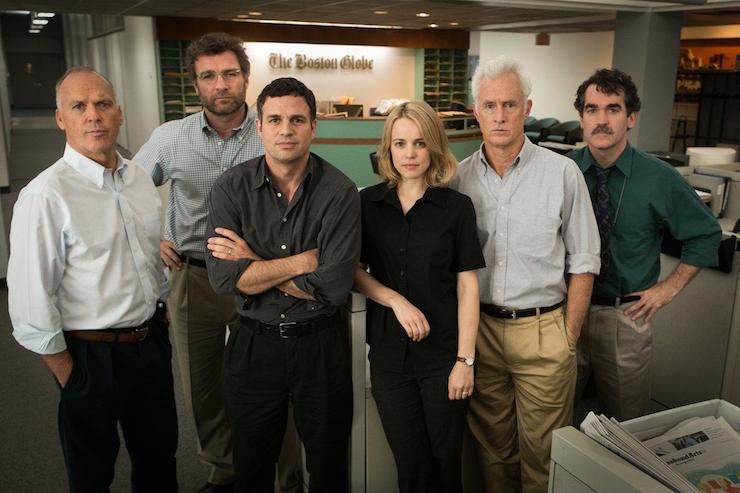 The cast of 'Spotlight' from left: Michael Keaton, Live Schreiber, Mark Ruffalo, Rachel McAdams, John Slattery and Brian d'Arcy James.