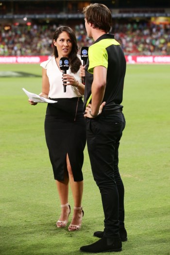 McLaughlin interviews Pat Cummins during a Big Bash telecast. Photo: Getty