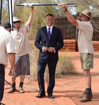 Mr Grant hosts the first broadcast of the launch of National Indigenous Television in Uluru, in 2012.