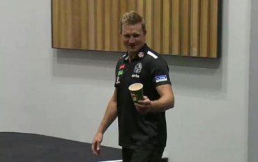 Nathan Buckley makes light of the incident. Photo: Fox Footy