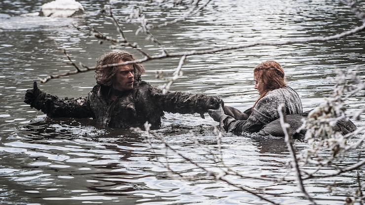 Okay, so they had to swim through ice-cold water to escape the hounds. But at least Reek got a free bath? Photo: HBO