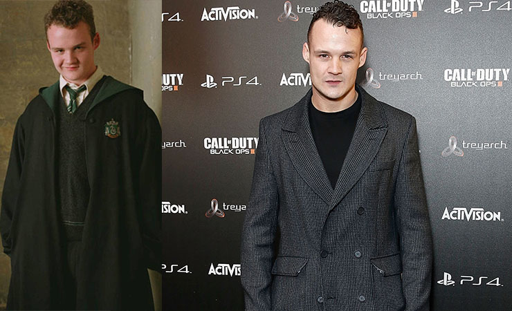 Josh Herdman as Goyle (left) and today. Photo: Getty