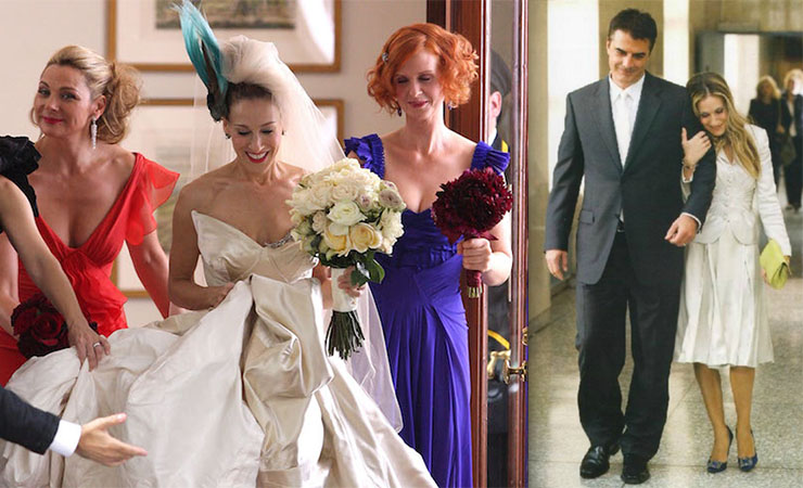 In the Sex and the City film, Carrie Bradshaw dreamed of an extravagant wedding dress (left), but ended up tying the knot in a simple skirt-suit. 