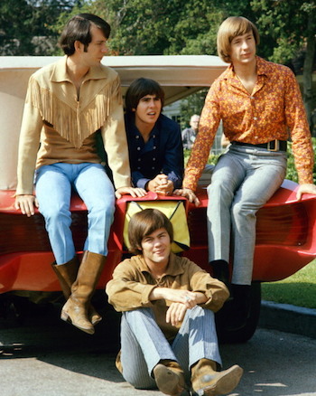 Guitarist Mike Nesmith, singer Davy Jones, bassist Peter Tork and drummer Micky Dolenz (on the ground) in their heyday. Photo: Getty