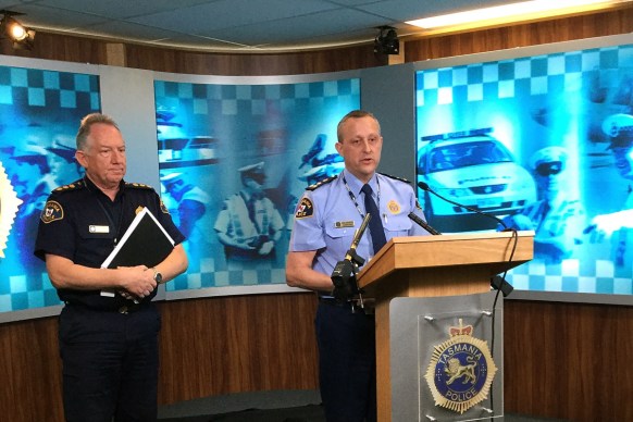 Marine police inspector Lee Renshaw (left) and Commander Tony Cerritelli speak to the media.