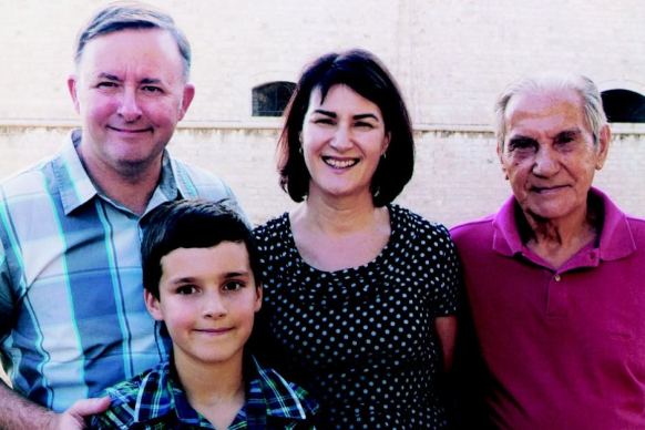 Anthony Albanese (left) with his wife Carmel Tebbutt (centre), father Carlo (right) and son Nathan (front) in Italy 2011.