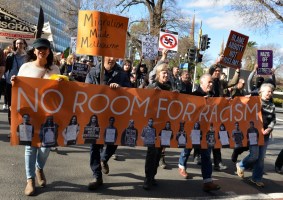 Anti–racism activists march as anti–Islam protestors rally in Melbourne in July 2015. Photo: Getty
