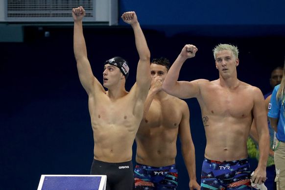 James Feigen (l) with team mates Ryan Held and Blake Pieroni. Photo: Getty.