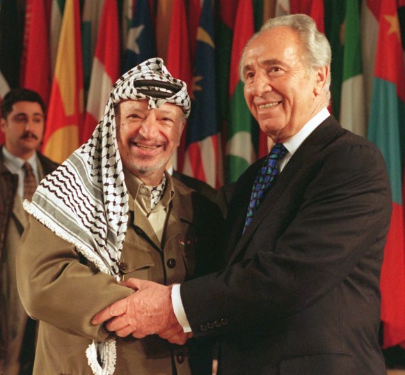 Nobel Peace Prize laureates Yasir Arafat an Yitzhak Rabin