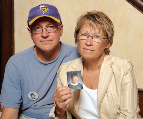 Patty and Jerry Wetterling show a photo of their son Jacob who was abducted in October of 1989.