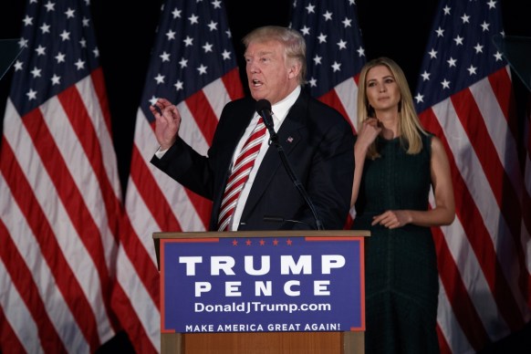 Donald Trump and daughter Ivanka giving a speech on his childcare policy. Photo: AAP.