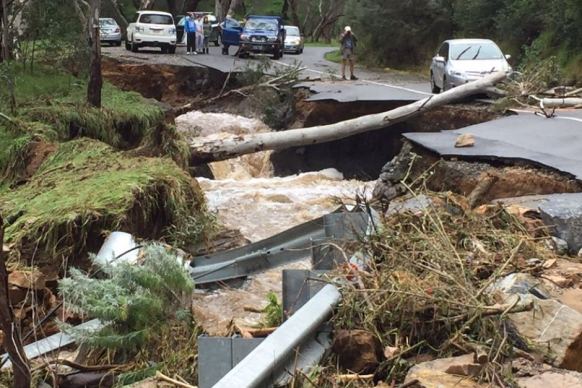 Montacute Road in the Adelaide Hills will be closed for several months after it was extensively damaged in the storms. Photo: Twitter/Adelaide Hill Council.