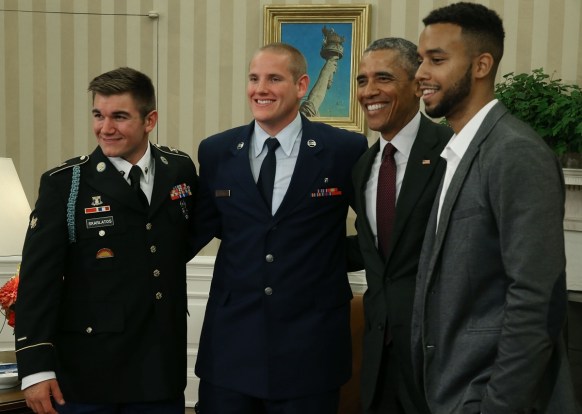 President Barack Obama with (from left) Alek Skarlatos, Spencer Stone and Anthony Sadler. Photo: Getty