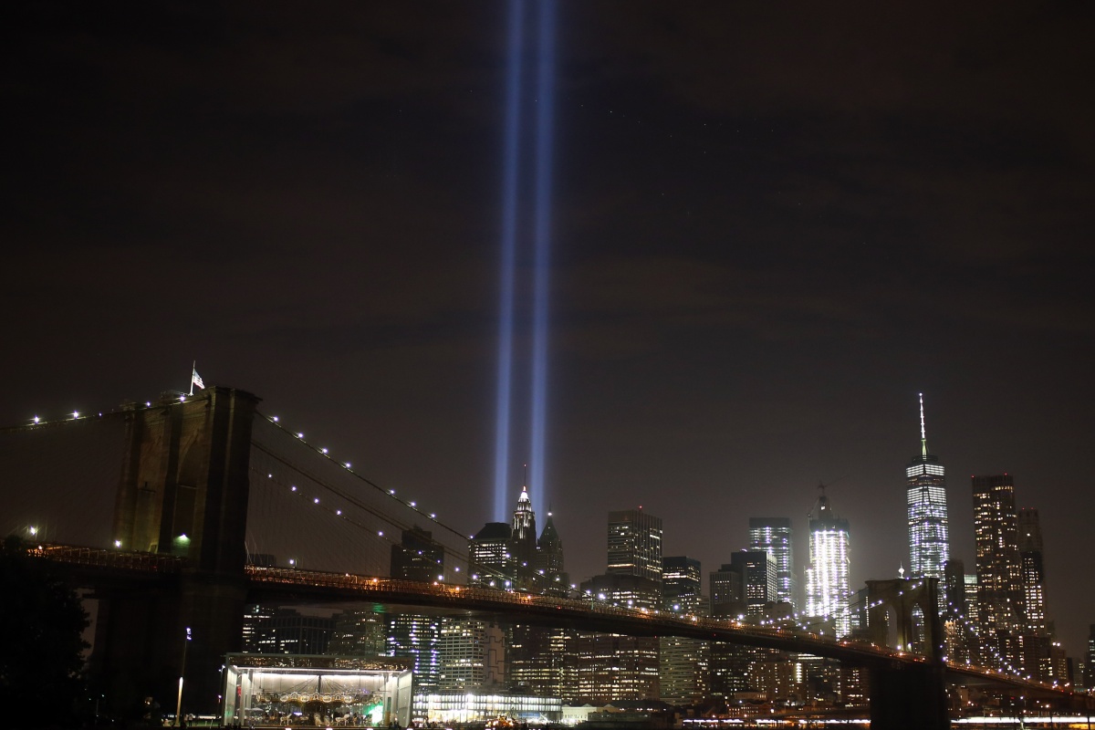 The 'Tribute in Light' memorial shines two lights where the Twin Towers once stood.