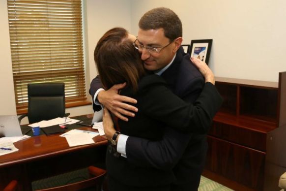 Julian Leeser hugs his mother Sylvia at his office in Canberra. Photo: ABC News.