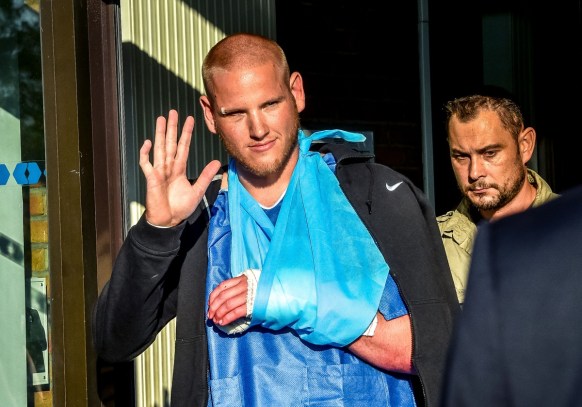 Spencer Stone leaves a hospital in France after sustaining injuries in the thwarted attack. Photo: Getty