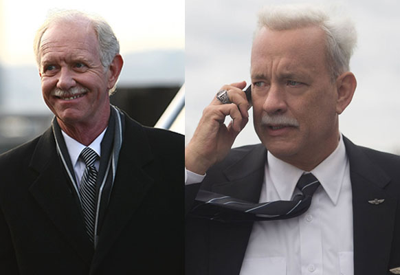 The real Captain Chesley "Sully" Sullenberger (left) and Tom Hanks. Photo: Getty/Warner Bros