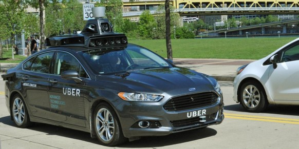 A driverless Uber vehicle based on the Ford Fusion/Mondeo.