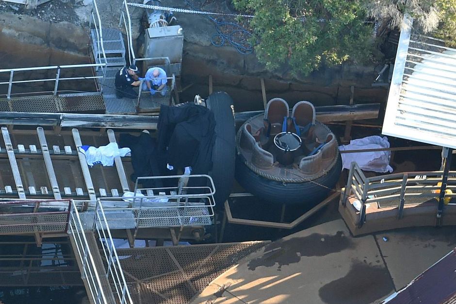 Emergency services personnel at the scene of the accident at Dreamworld.