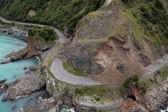 A landslide covers a section of the highway near Kaikoura after the powerful earthquake.
