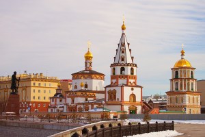 Buildings such as the historic Epiphany Cathedral, along with numerous museums, make Irkutsk a popular tourist stop on the Trans–Siberian Railway route.