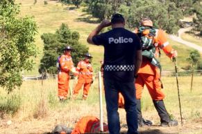 Police and SES volunteers search for Ms Ristevski at Toolern Vale, north-west of Melbourne.