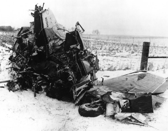 The wreckage of the plane crash that killed rock stars Buddy Holly, Ritchie Valens and The Big Bopper (Jiles Perry Richardson, Jr.) in Iowa in 1959.