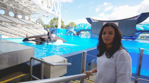 Host Liz Bonnin investigates the practices of SeaWorld. Photo: BBC