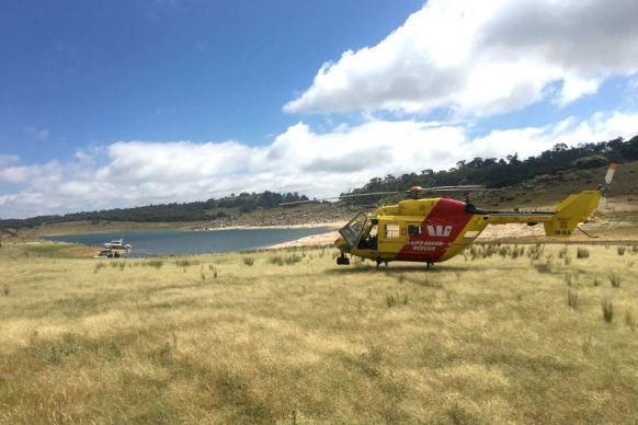 The life saver rescue chopper is being used in the search for a man at Lake Eucumbene.