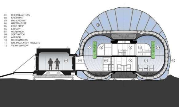 Another cutaway of the interior design of the Mars Ice Home concept.