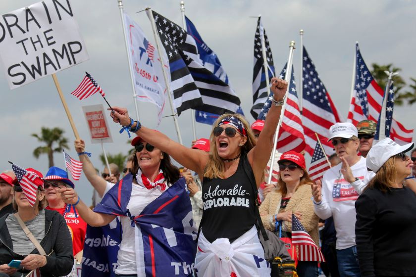 Trump supporters taunt counter-protesters at the Huntington, Calif., rally.