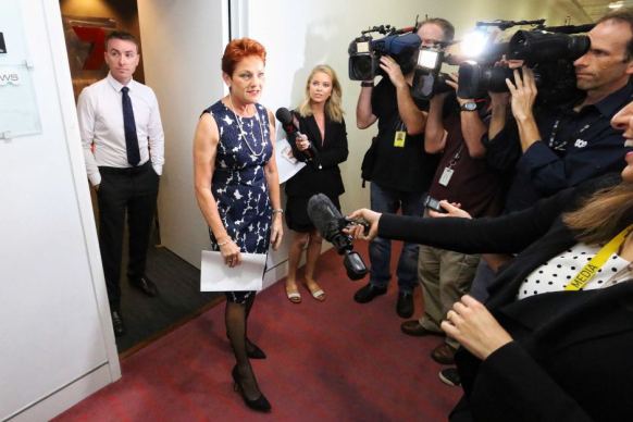 Pauline Hanson speaks to reporters
