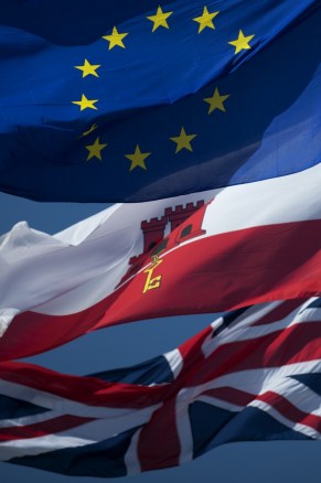 The flags of the European Union (top), Gibraltar (middle) and Britain's Union Jack (bottom) battle for space on "The Rock".