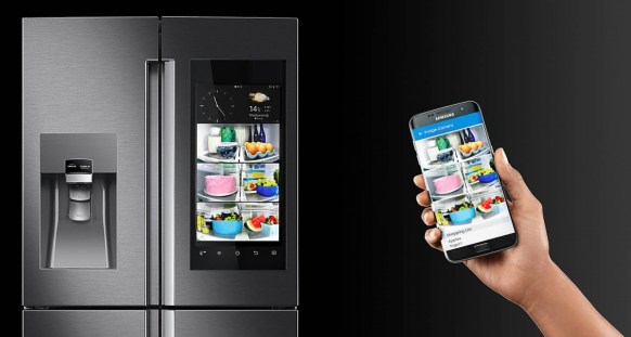 The Samsung Family Hub Fridge allows owners to check the contents of the fridge from a smartphone app.