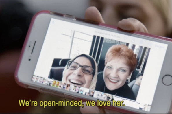 Galila Abdelsalam with Pauline Hanson in the SBS series The Mosque Next Door