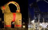 A combo picture shows the traditional Gaevle Christmas goat Sweden