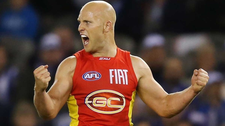 Gary Ablett celebrates one of his four goals.