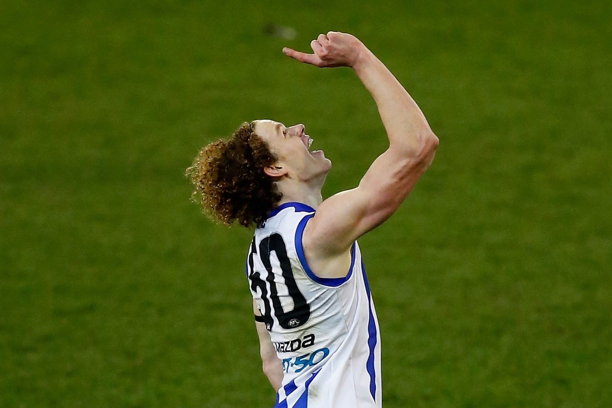 Debutant Ben Brown celebrates his first AFL goal.