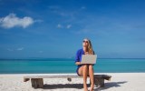career change, beach, laptop, woman