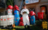 American James Faulk displays his Ebola-themed Halloween decorations. 2014. Getty