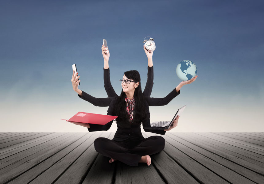 woman multitasking work money