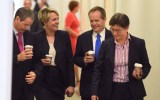 Bill Shorten with Tania Plibersek (l) and Penny Wong (r) at Parliament House in Canberra.