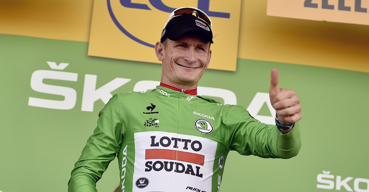 Germany's Andre Greipel celebrates his green jersey of best sprinter.