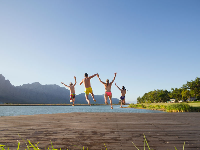 family jump in lake