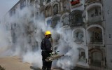 A health worker fumigates to prevent the virus spreading in Peru.