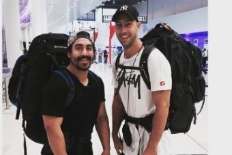 Rye Hunt (L) with friend Mitch Sheppard when they left Australia in April.