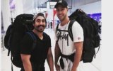 Rye Hunt (L) with friend Mitch Sheppard when they left Australia in April.