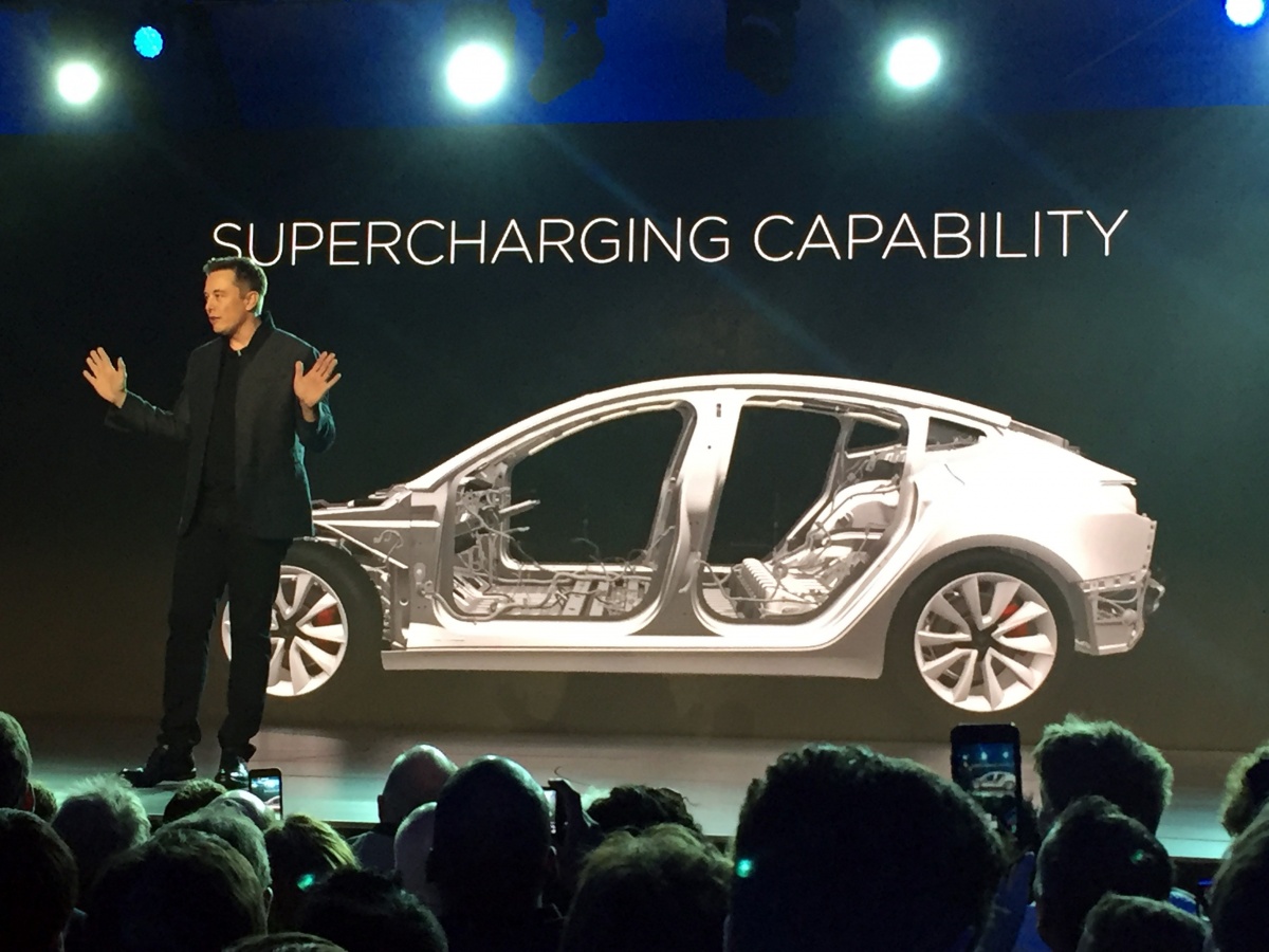 Tesla boss Elon Musk with the Model 3.
